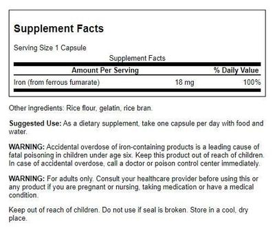 Swanson Iron (Ferrous Fumarate) - Mineral Supplement Promoting Energy Support - High-Concentration Formula Assists in Oxygen Delivery Fatty Acid Metabolism - (60 Capsules, 18mg Each)