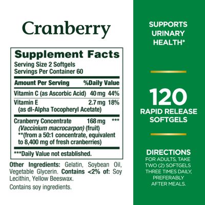 Nature's Bounty Cranberry, Herbal Health Supplement with Vitamin C, Supports Urinary Health, 4200mg, 120 Softgels