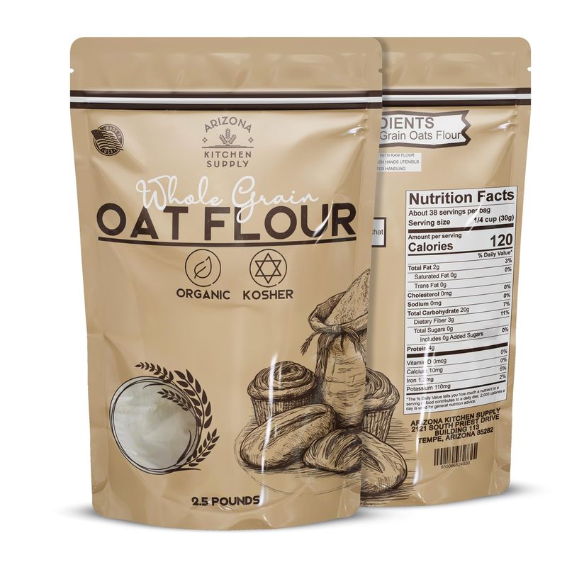 Organic Whole Grain Oat Flour - 2.5 lb - Product of the USA - Kosher - Premium, Nutrient Rich Flour for Baking Cooking Brough to You By Arizona Kitchen Supply
