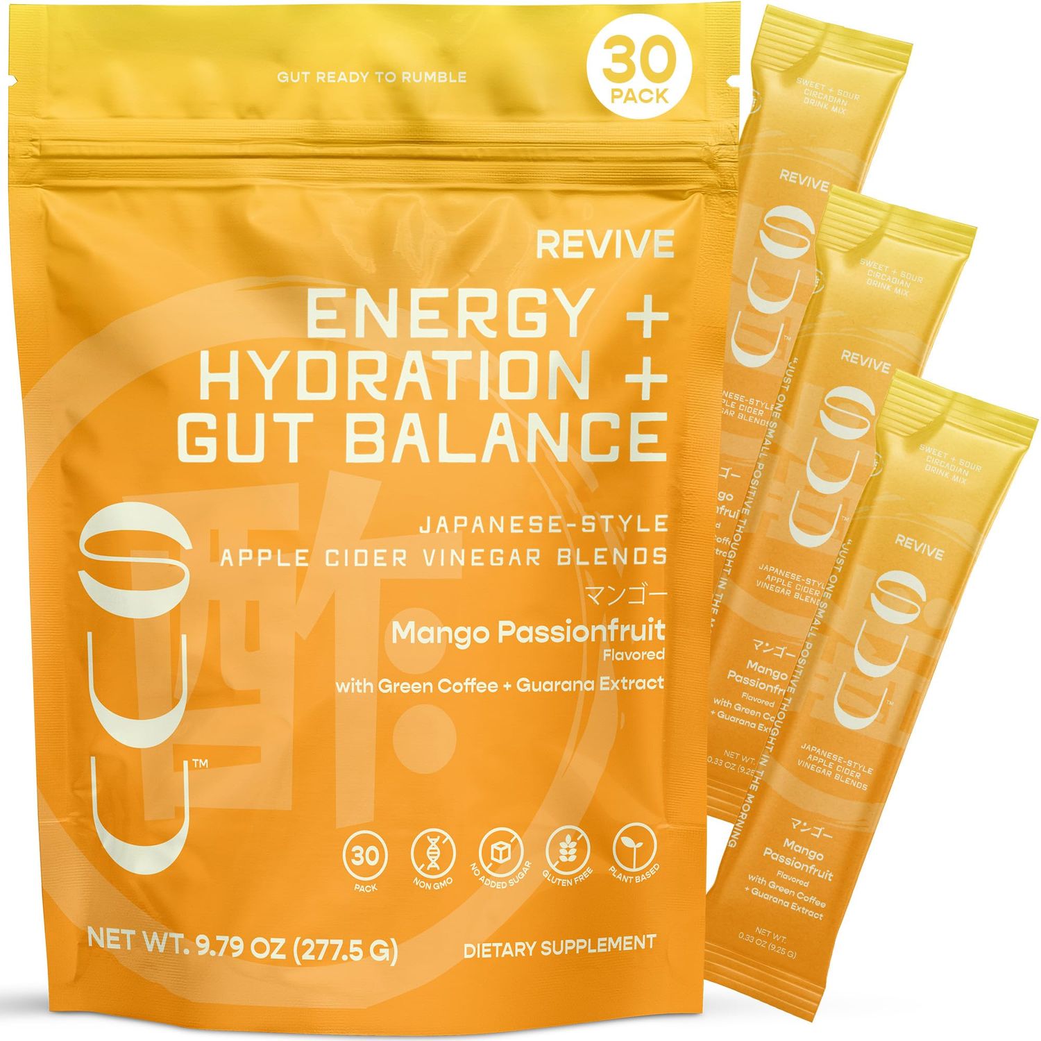 SUU Energy, Hydration Gut Health Powder Drink- Japanese Style Apple Cider Vinegar Blends with Green Coffee Guarana Extract- Promotes Alertness, Boosts Mood Digestive Support, Revive, 30 Servings