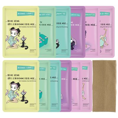 LAIKME Face Mask Skin Care, Face Masks Bulk Kit - 12 Hydrating Facial Mask 1 Hairband, Sheet Masks For Spa Party Night, Hydrating Face Mask Skin Care For Teens 10-12, Facemask Pack Travel Size