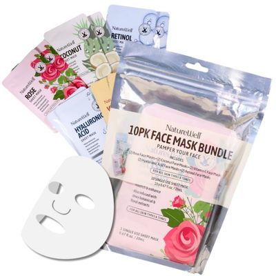 NATURE WELL Single Use Face Mask Sheet Skincare Treatment Multipack For All Skin Types, Includes Hyaluronic Acid, Rose, Retinol, Coconut, Vitamin C (Pack of 10)
