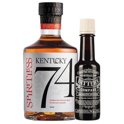 Spiritless Kentucky 74 Distilled Non-Alcoholic Whiskey Bundle with Australian Aro-matic Bitters - Old Fashioned - Premium Zero-Proof Liquor Spirits for a Refreshing Experience