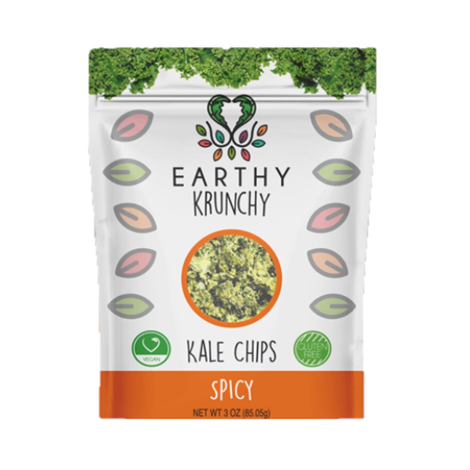 Earthy Krunchy Snacks Kale Chips - Spicy Chips Flavor - All Natural High Protein Snack - Crunchy Kale with No Sugar or Preservatives - Dehydrated Kale Chips - Gluten-Free Snacks - Vegan Snacks