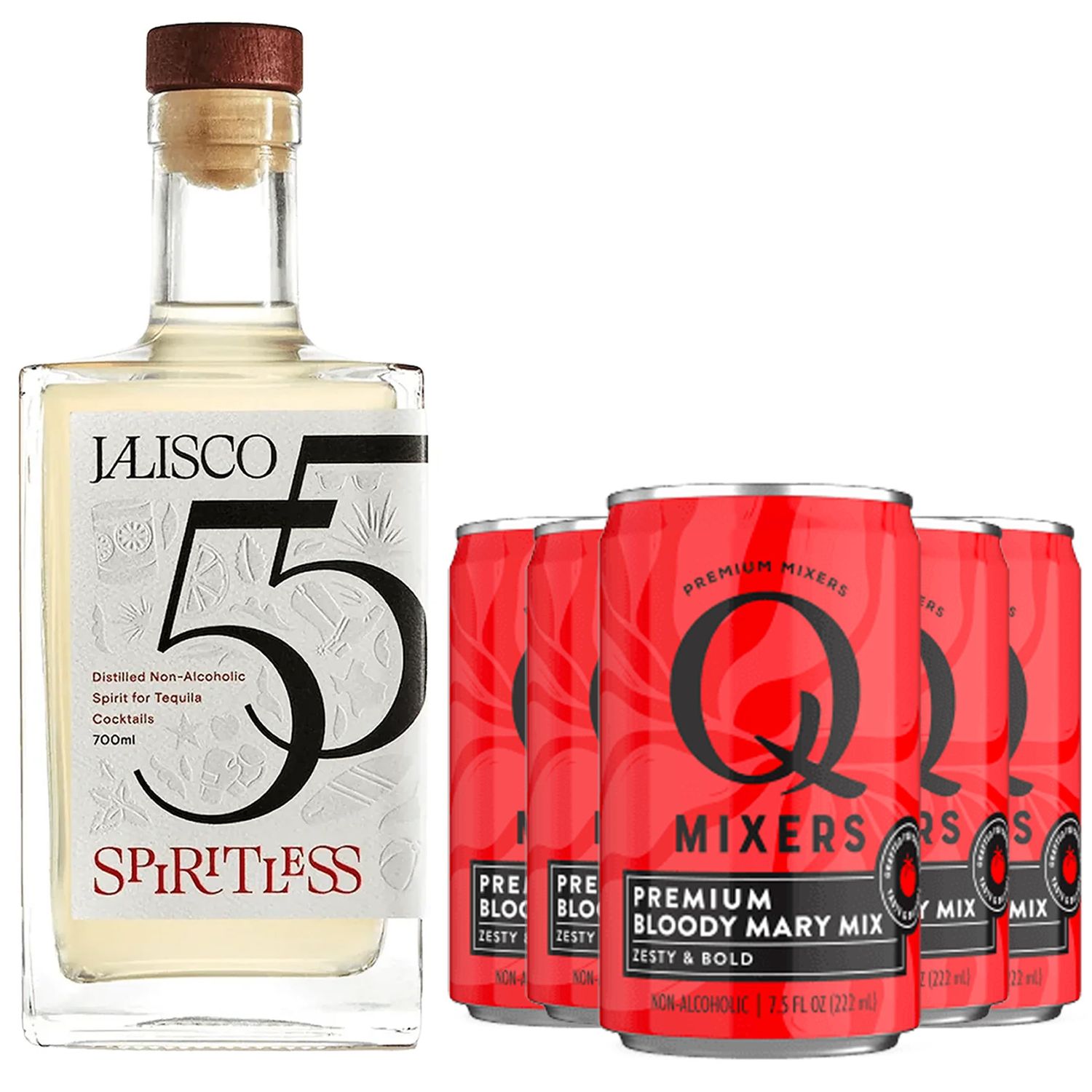 Spiritless Jalisco 55 Distilled Non-Alcoholic Tequila Bundle with Q Mixers Bloody Mary Mix (Bloody Maria) - Premium Zero-Proof Liquor Spirits for a Refreshing Experience 5 PACK