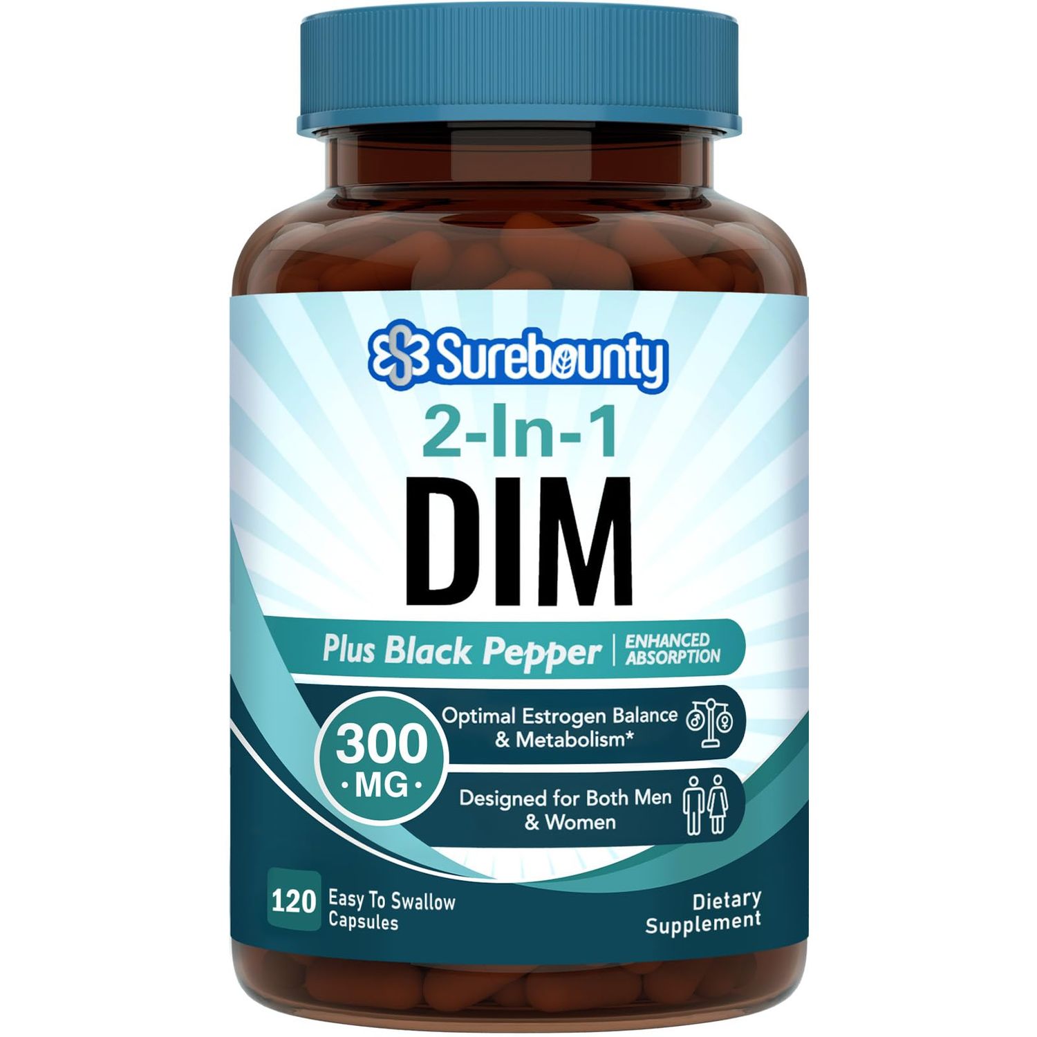Surebounty DIM Supplement 300mg for Women Men, Estrogen Balance Metabolism, Hormone Balance, Menopause Support, Energy Maintainence, High Absorption with Black Pepper Extract, 120 Caps
