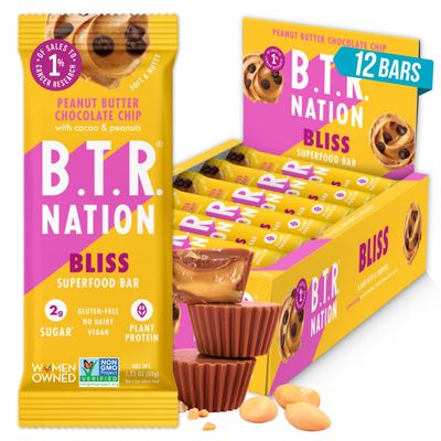 B.T.R. Nation Vegan Keto Superfood Protein Bars - Peanut Butter Chocolate Chip BLISS (12) Bars Low Carb, Plant Based, Gluten Free, Free of Sugar Alcohols Boosted with Powerful Superfoods!