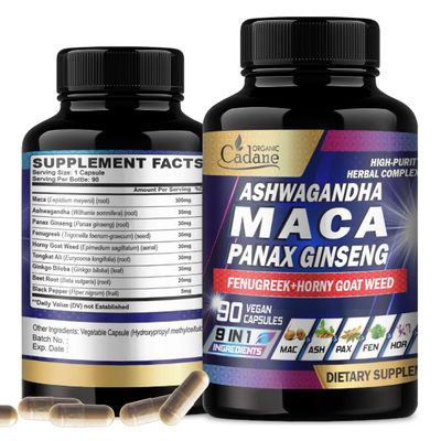 Organic Cadane Maca Root, Ashwagandha, Panax Ginseng Supplement - 90 Capsules 3 Months with Fenugreek, Tongkat Ali More - Support for Strength, Stamina, Energy Production Immunity