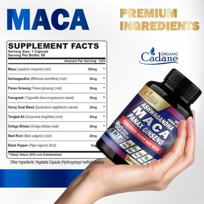 Organic Cadane Maca Root, Ashwagandha, Panax Ginseng Supplement - 90 Capsules 3 Months with Fenugreek, Tongkat Ali More - Support for Strength, Stamina, Energy Production Immunity