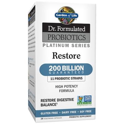 Garden of Life Dr. Formulated Probiotics Platinum Series Restore 200 Billion CFU High Potency Formula, Vegan, Non-GMO, Gluten, Dairy Soy Free Digestive Immune Probiotic Support, 28 Capsules