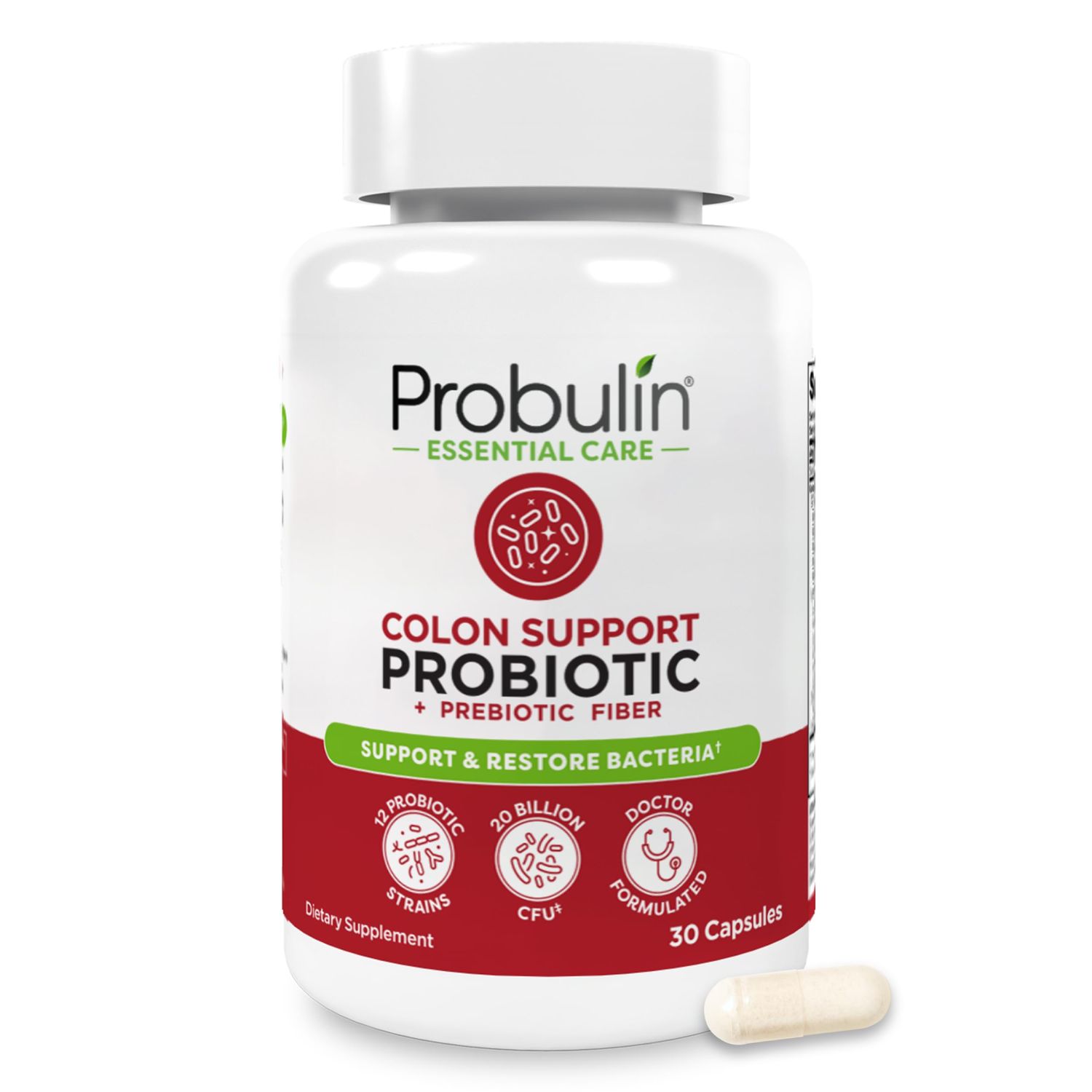 Probulin Colon Support Probiotic Supplement, Daily Gut, Digestive, and Immune Health Probiotics Capsules for Men and Women, 20 Billion CFU, Vegan, 30 Count Bottle