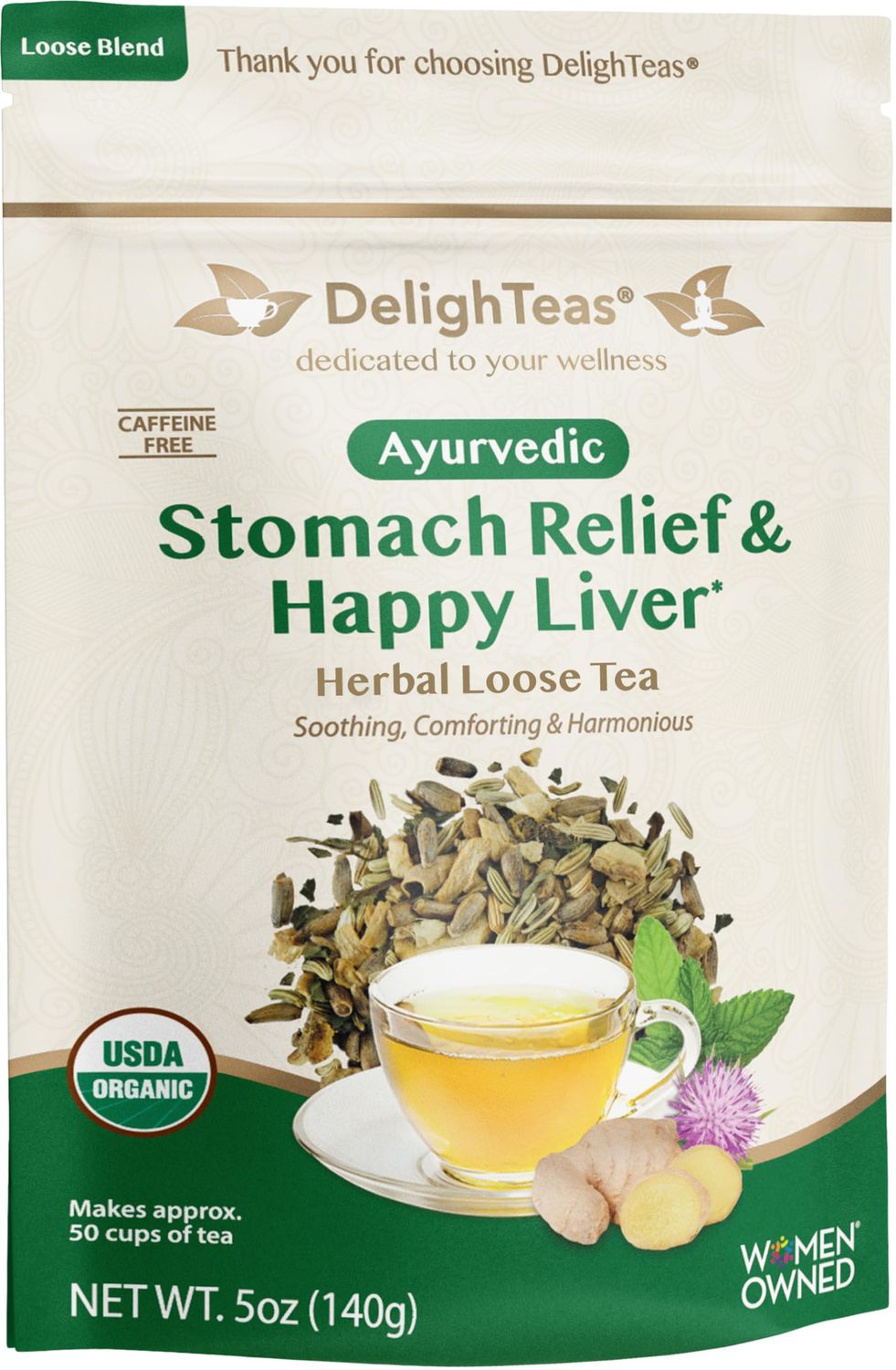DelighTeas Liver Detox tea Stomach Relief Liver Cleansing Ayurvedic Loose Leaf Milk Thistle, Fennel, Ginger Tea for Digestion USDA Organic, Vegan, Caffeine Free, Sugar Free 50 Servings, 5oz