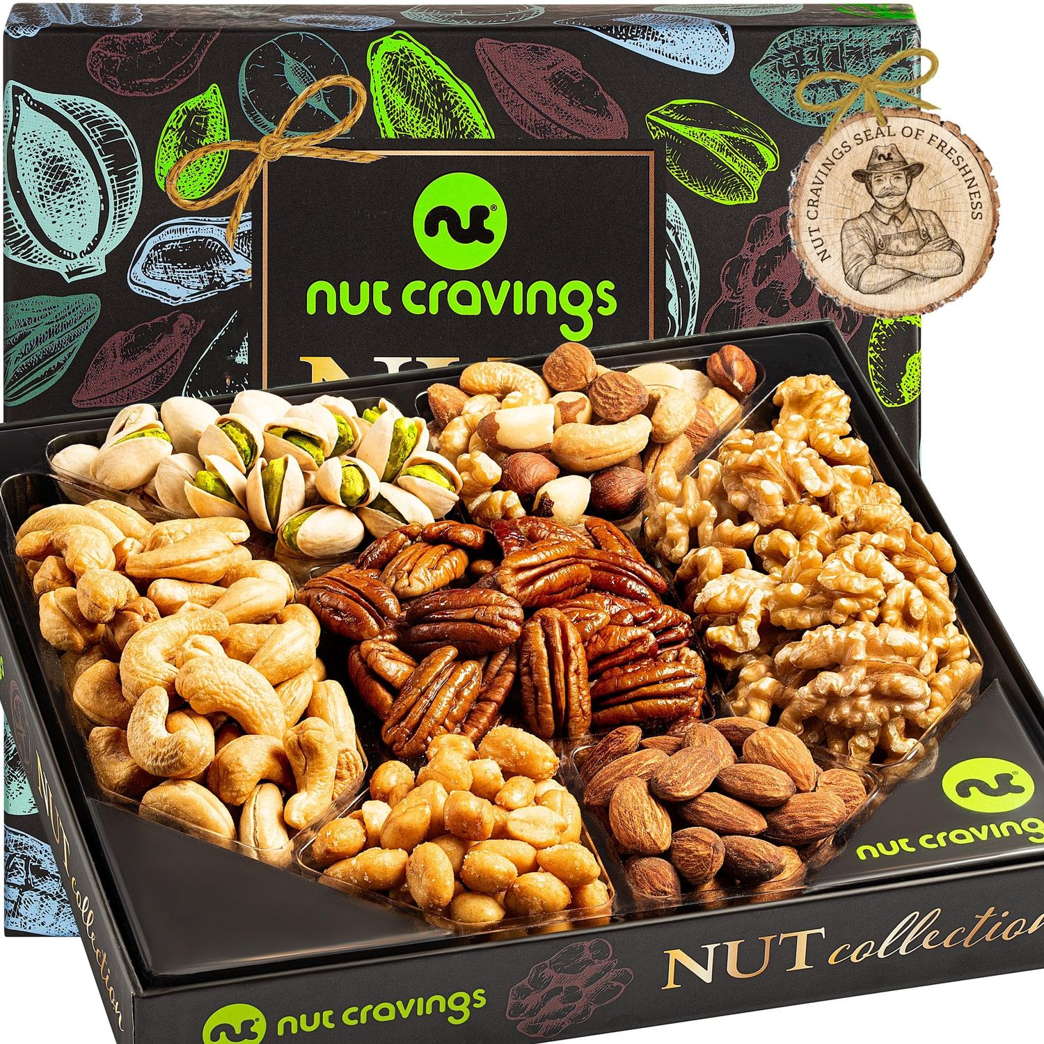 NUT CRAVINGS Mothers Day Gourmet Mom Treats - Nut Collection Gift Basket in Elegant Box (7 Assortments) Food Arrangement, Healthy Snack Care Package, Kosher