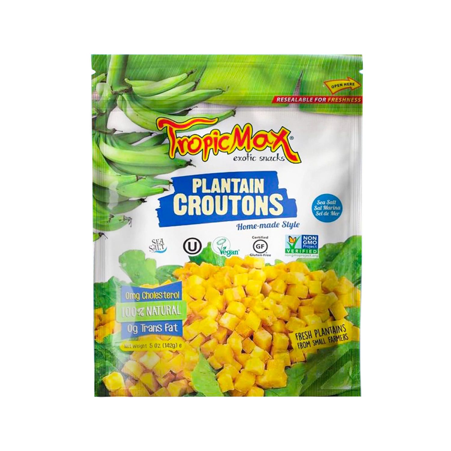 TropicMax - Plantain Croutons Chips with Sea Salt Flavor - Gluten-Free Certified Kettle Cooked Organic Healthy Snacks - Vegan Green Plantain Chip Individual Bags - Non-GMO, Kosher Snack (3 packs)