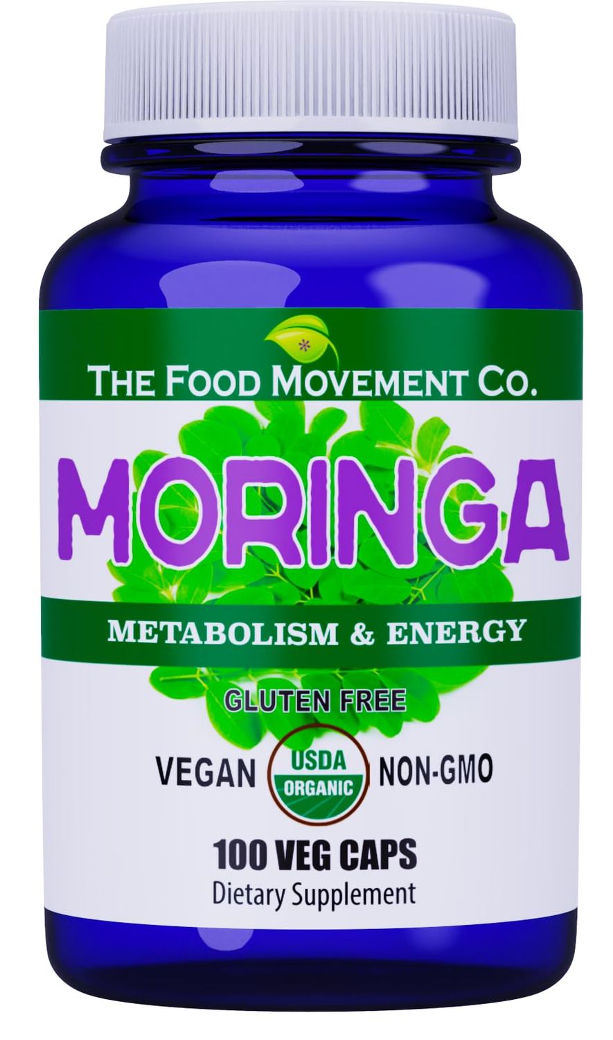 The Food Movement CO. Moringa - Certified Organic Superfood, Whole Body Wellness, Natural Energy Support, Supports Healthy Metabolism - 100 Vegan Capsules