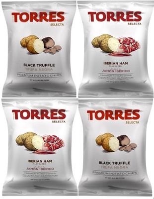 (Best Flavors) Torres Premium Potato Chips [4 Pack] - 2 Black Truffle Chips and 2 Iberico Ham Chips - Handcrafted Patatas Fritas 4 Pack Torres Chips ([4 Pack] 2 Black Truffle 2 Iberico Ham)