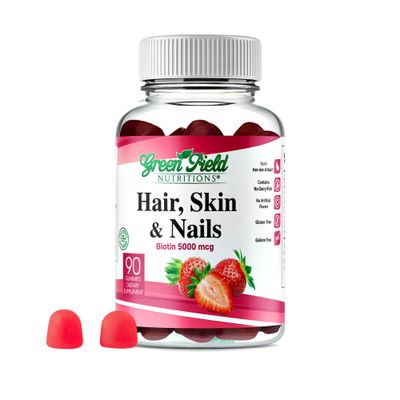 Greenfield Nutritions - Halal Biotin Gummies Vitamin for Hair, Skin and Nails, Supports Fat Metabolism, Hair Growth, Strong Nails Clear Skin, Gelatin Free, Non-GMO, and Gluten Free - 90 Gummies