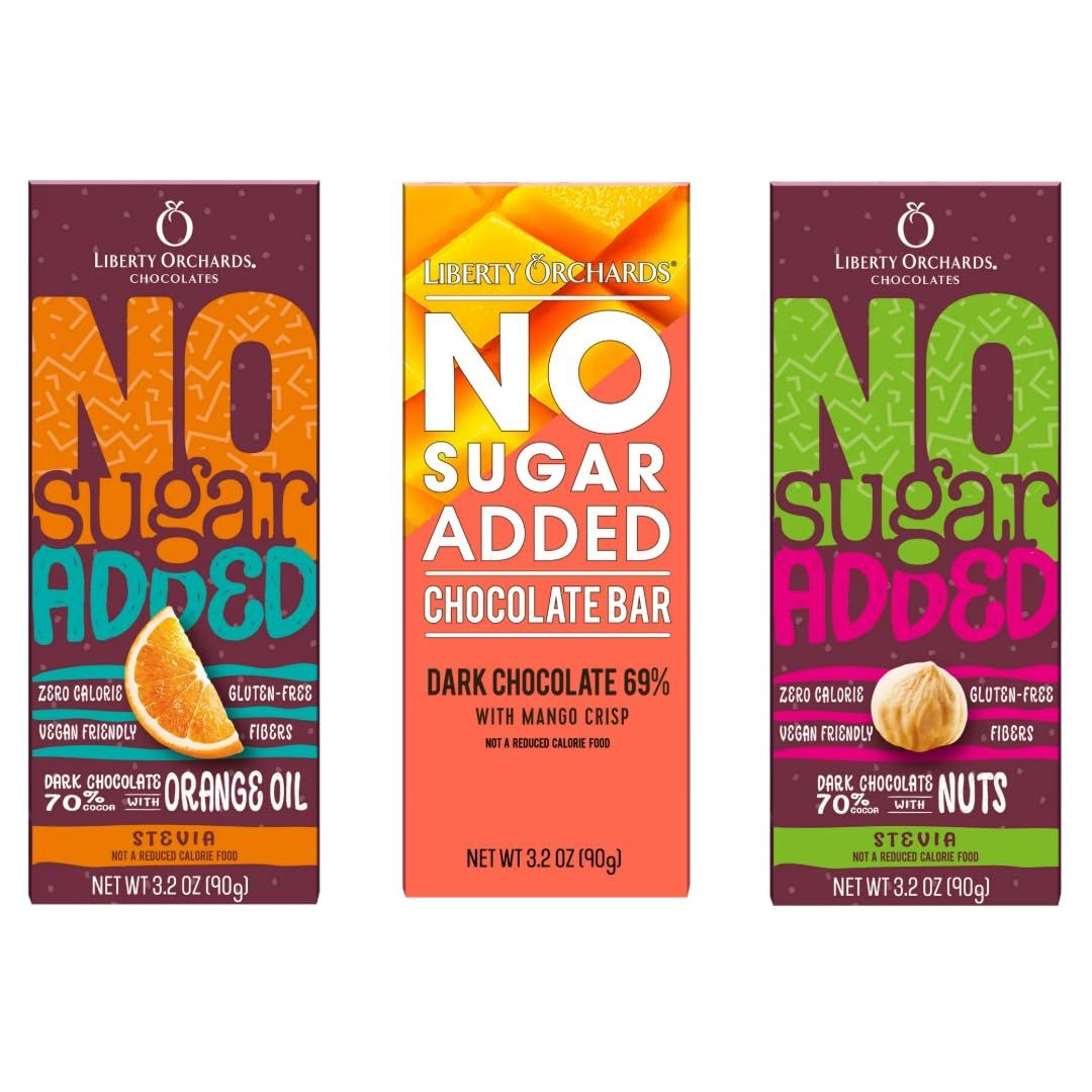 Liberty Orchards No Sugar add Chocolate Bar 3.2oz Dark Chocolate Orange, Dark with Nuts, Dark with Mango Crisp Assorted Bundle of 3