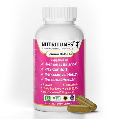 Nutritunes Femuni Balance - Women&#39;s Hormonal Balance Mood Support: PMS, Menstrual Health, Feminine Wellness with Black Cohosh, Vitex, Shatavari Key micronutrients- 60 Capsules