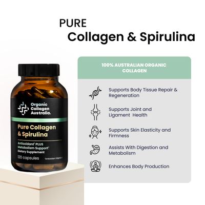 Organic Collagen Australia Pure Collagen Spirulina Capsules - Antioxidant-Rich Supplement for Skin Elasticity, Joint Health, Metabolism Support Energy (120 Capsules)