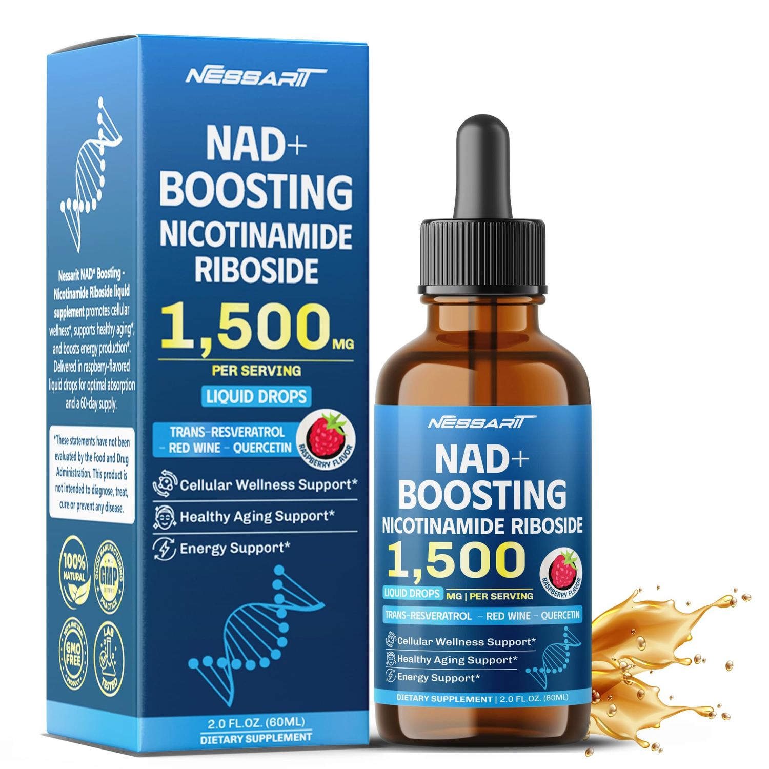 NESSARIT NAD Boosting Nicotinamide Riboside Liquid Drops - Trans-Resveratrol, Red Wine- Cellular Wellness, Healthy Aging - Raspberry Flavor - Made in USA - 2.0 fl oz (60ml)