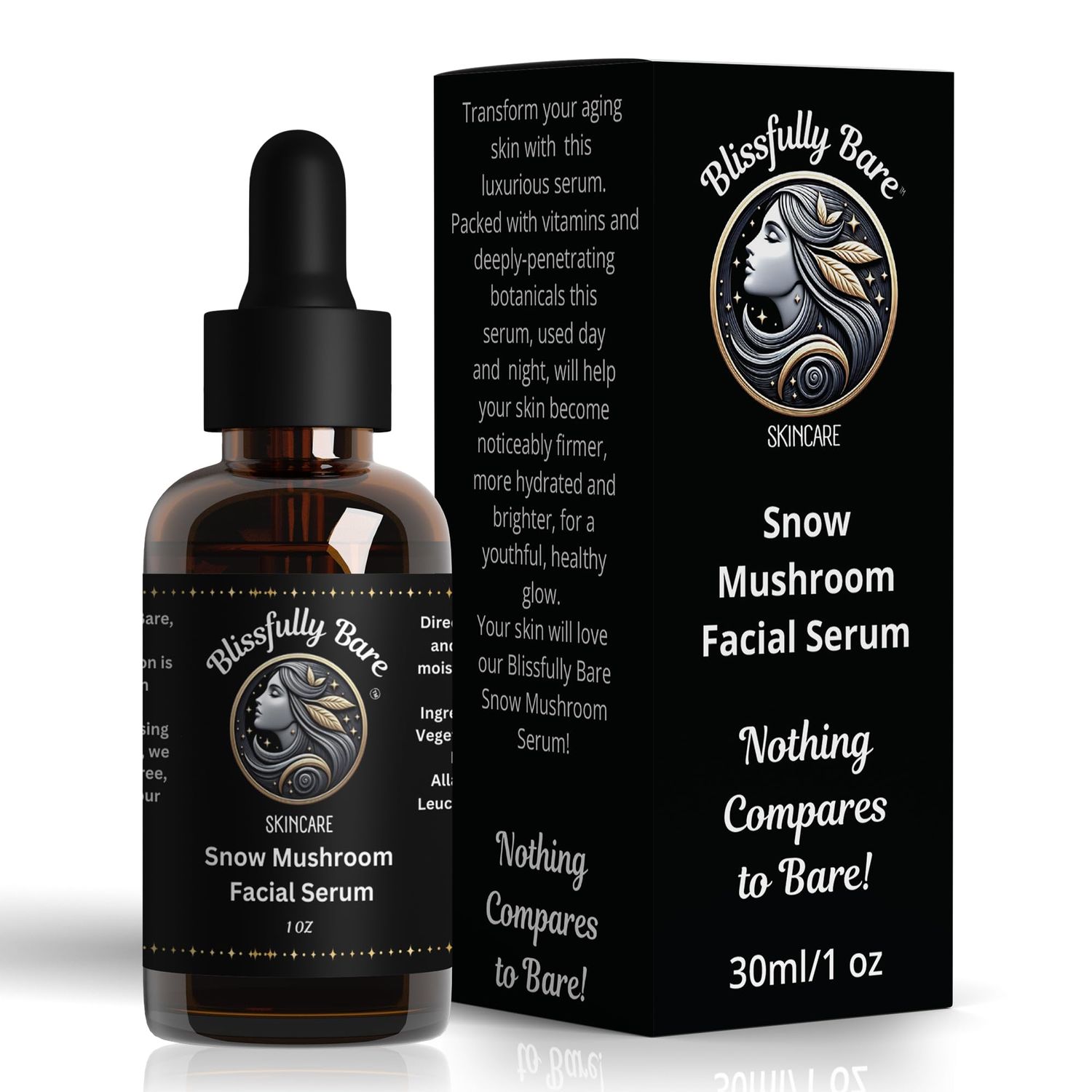 Blissfully Bare Skincare Snow Mushroom Facial Serum, 1 Oz. intense hydration, moisture-locking, gentle non-toxic, hormone receptor friendly, minimalist formula, carefully selected for radiant glow