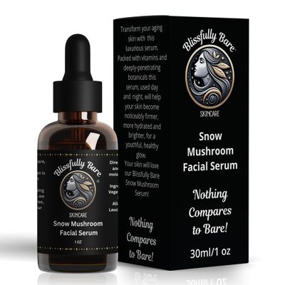 Blissfully Bare Skincare Snow Mushroom Facial Serum, 1 Oz. intense hydration, moisture-locking, gentle non-toxic, hormone receptor friendly, minimalist formula, carefully selected for radiant glow