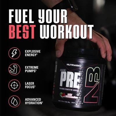 NutraBio PRE Workout Powder - New Formula- Sustained Energy, Mental Focus, Endurance - Beta Alanine, Caffeine, Electrolytes - 20 Servings - Wild Watermelon
