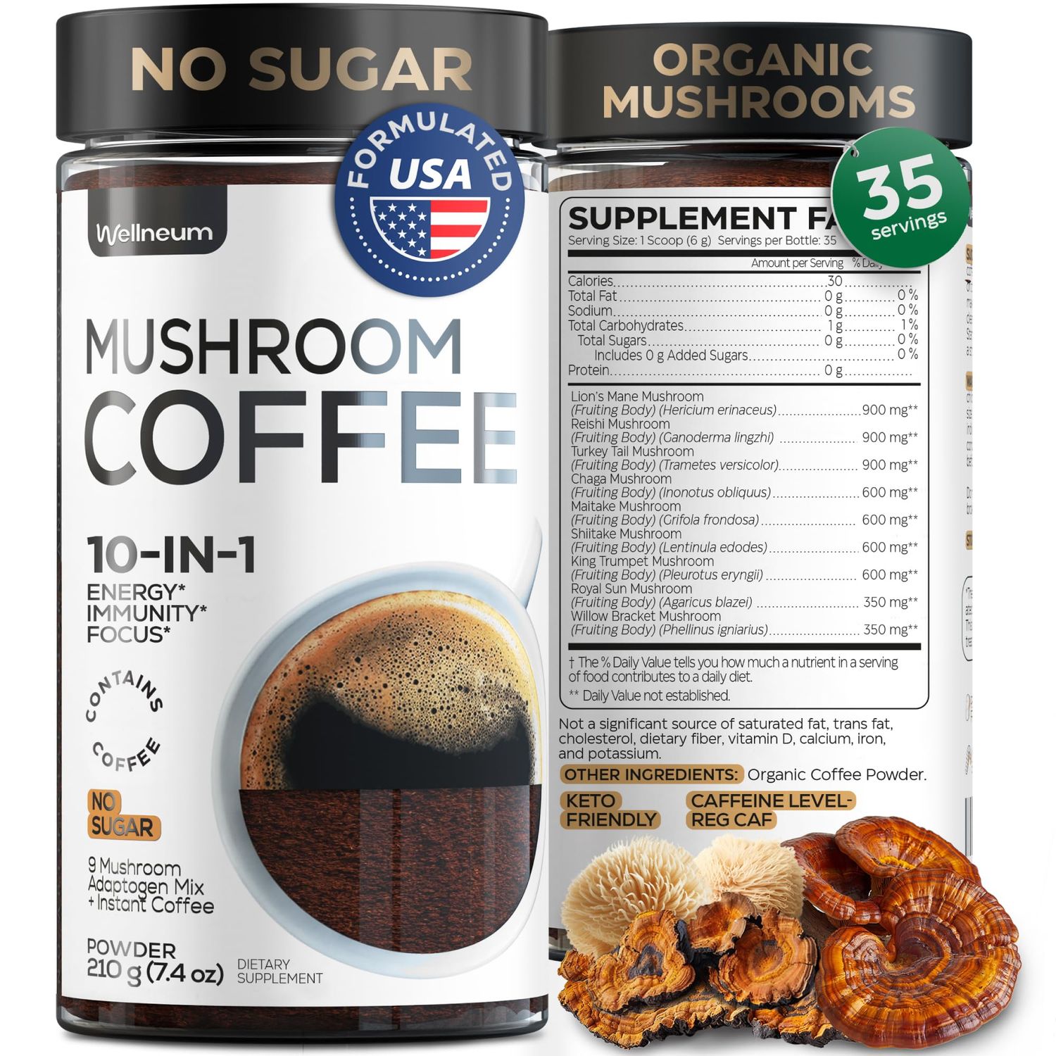 Mushroom Coffee - 10-in-1 Mushroom Superfood Adaptogen Mix - Organic Lion&#39;s Mane, Chaga, Turkey Tail, Reishi, Instant Coffee - for Gut Health, Immunity, Energy, Focus - Sugar Free - 7,4 oz (35 Serv)