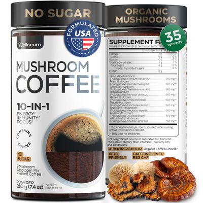 Mushroom Coffee - 10-in-1 Mushroom Superfood Adaptogen Mix - Organic Lion&#39;s Mane, Chaga, Turkey Tail, Reishi, Instant Coffee - for Gut Health, Immunity, Energy, Focus - Sugar Free - 7,4 oz (35 Serv)