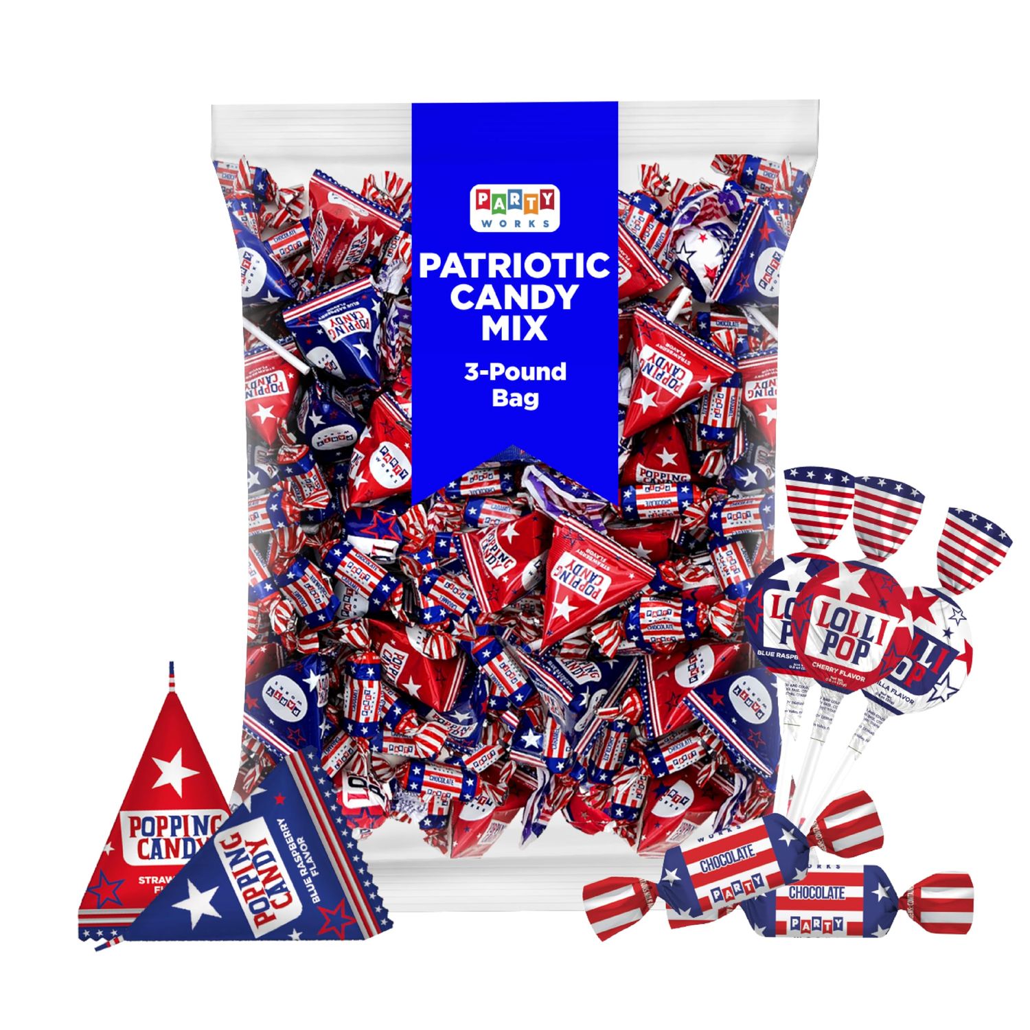 PartyWorks Patriotic Candy Assortment - 3 Pound Bulk Pack (About 185 Count) - July 4th Chocolate Caramels, Lollipops, Popping Rocks Pouches