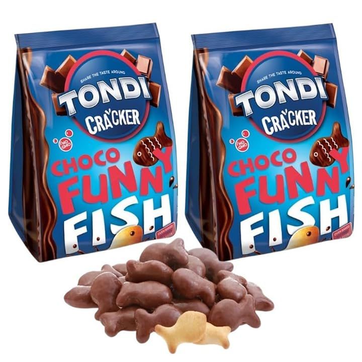 TONDI FISH Crackers - European Biscuit Crackers with Rich Cocoa No GMO, Yeast-Free, Oven Baked - Chocolate Covered Cookies with a Crunchy Texture Smooth Choco Glaze for a Delicious Treat - 2 PACK
