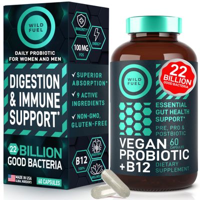 Vegan Probiotic Plus B12-22 Billion CFU Synbiotics Prebiotics and Probiotics for Digestive Health, IBS, Mood Support - B12 with FOS Pre Pro Post Biotics for Women Men - 60 Gluten-Free Capsules