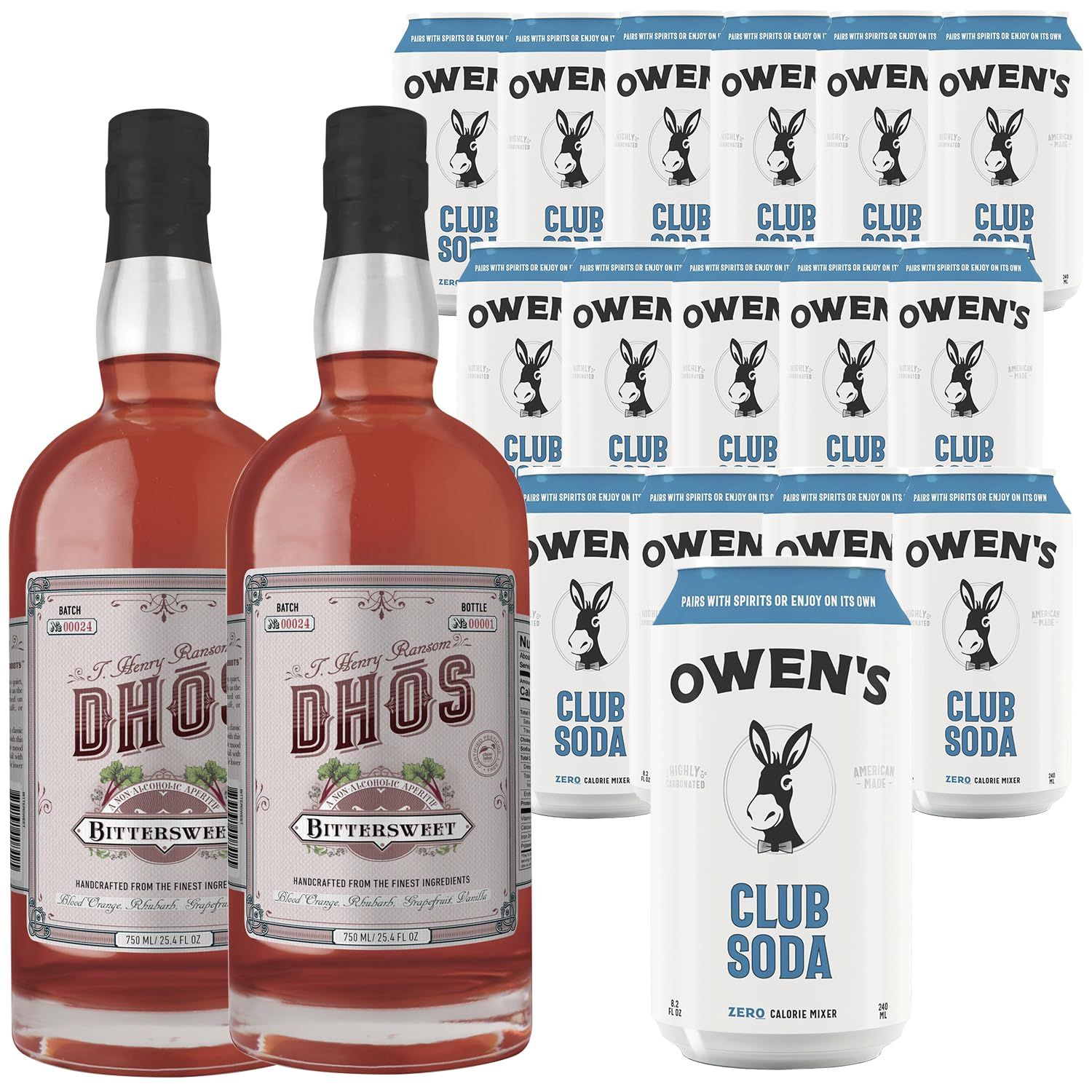Dh s Handcrafted Non-Alcoholic Bittersweet 750 ML Bottles w Pack Owen s Mixers Club Soda 8.2 OZ Cans - Perfect for Mocktails - Made in USA