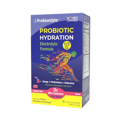 Probiomlyte Probiotic Hydration Amplifier. Electrolytes Key Vitamins Probiotics Prebiotics Postbiotics Citrulline Better Endurance, Performance, Energy, Gut Health Passion Fruit 10 sticks