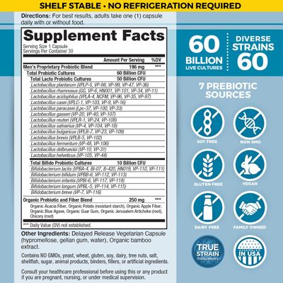 Vital Planet - Vital Flora Men s Daily Probiotic, 60 Billion CFU, 60 Diverse Strains, 7 Organic Prebiotics, Immune Support, Gas Relief, Digestive Health Shelf Stable Probiotics for Men 30 Capsules