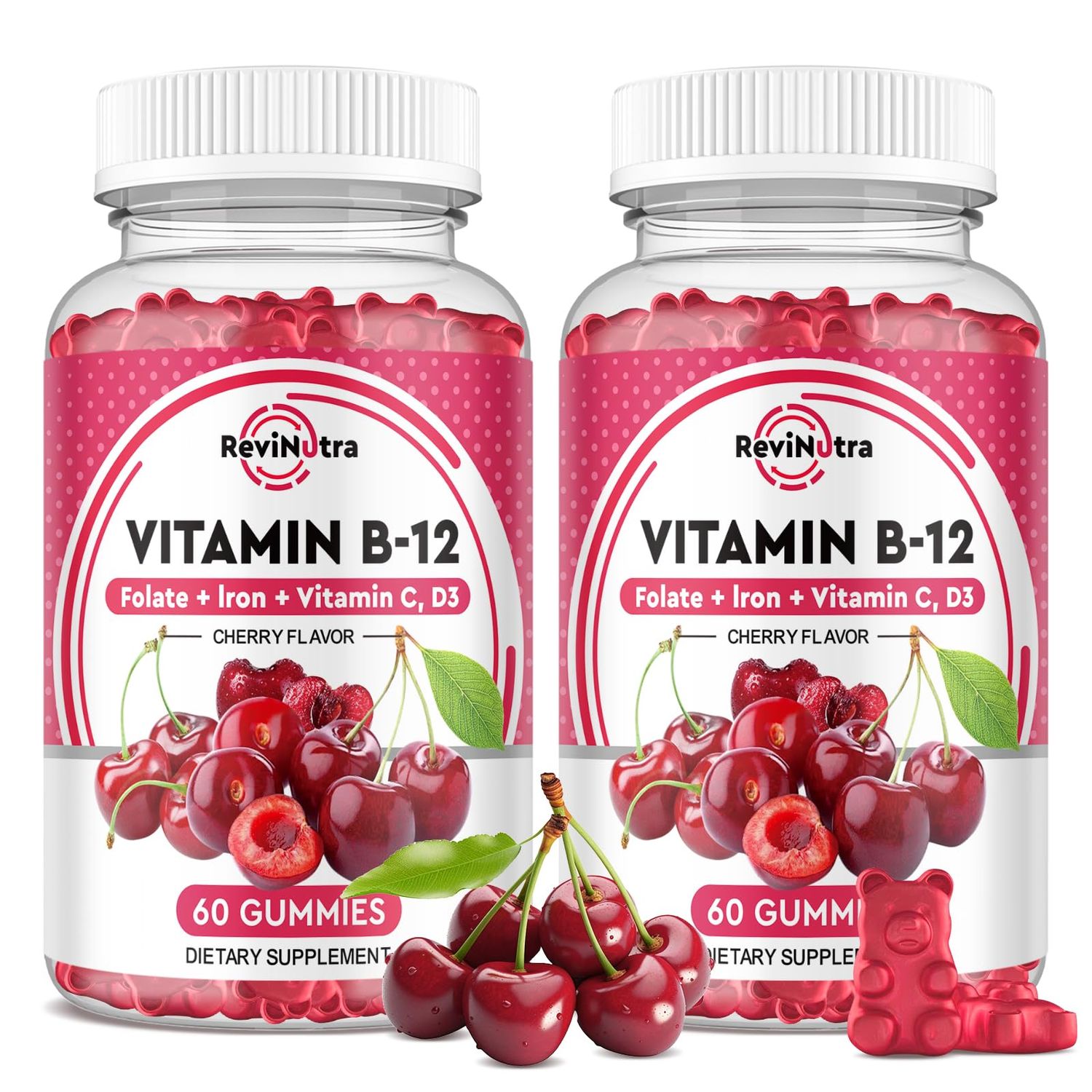 ReviNutra Vitamin B12 Gummies - 5000 mcg Methylcobalamin with Iron, Vitamin C, D3 Folate, Energy Support and Metabolism, Immune, B-12 Complex Chewable Supplement for Men Women, 120 Count, 2 Pack