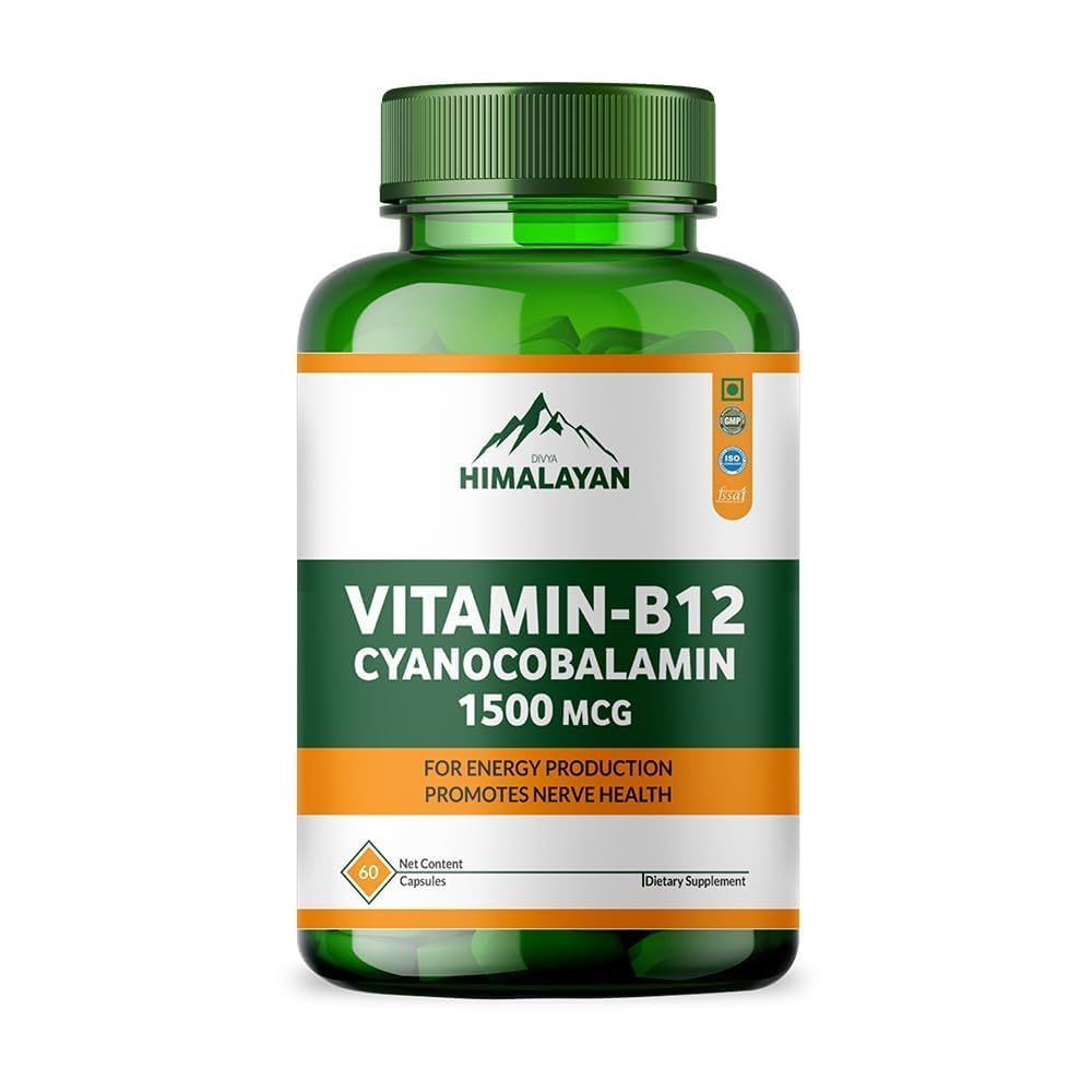 Divya Himalayan Vitamin B12 Capsules Methyl Cobalamin Supplement 1000mg Support Nerve Health Promote Metabolism Enriched with Wheat Grass Spirulina Beetroot - 60 Caps
