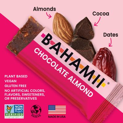 Bahamii Nuts Date Bars, Organic Healthy Snacks 12-Pack Gluten Free 0g Added Sugar Low Calorie Snacks, No Preservatives, Plant Based, Kosher, Diabetic Snacks (12 Pack, Chocolate Almond)