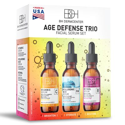 BH Dermcenter Age Defense Trio Anti-Aging Serum Set for Face and Eyes - Vitamin C, Retinol, Hyaluronic Acid Face Serum for Men and Women - 30ml Each - Paraben Free, Cruelty Free