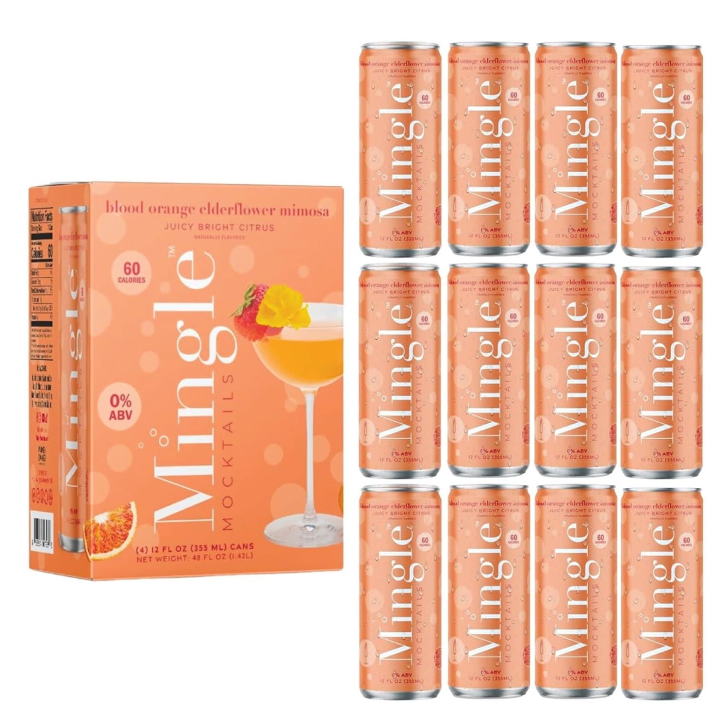 Mingle Mocktails Blood Orange Elderflower Mimosa, Non-Alcoholic Drinks, Refreshing Pre-Mixed Drinks, Canned Mocktails, 12 fl. oz. Cans, Pack of 24