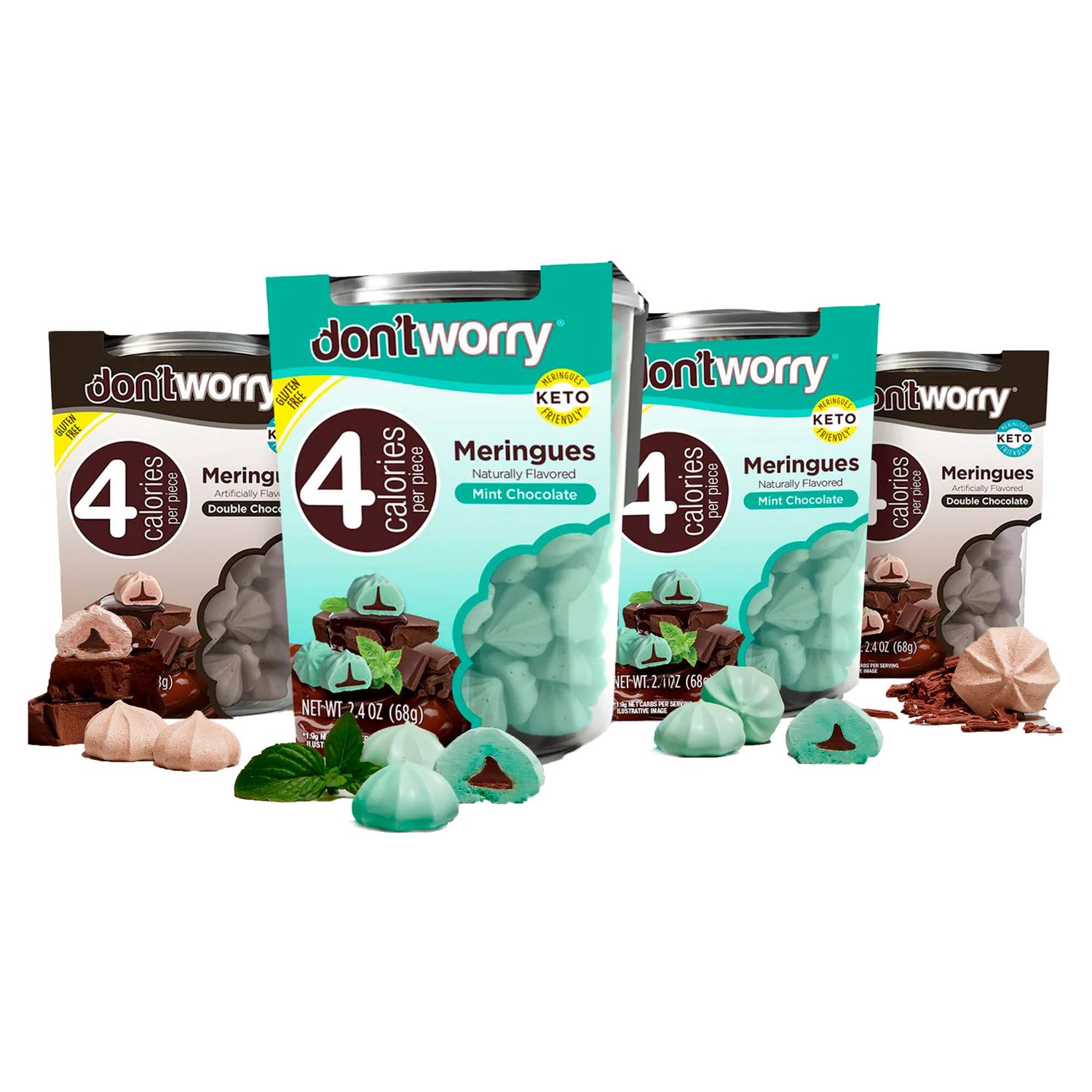 Don&#39;t Worry Low Calorie Meringue Cookies - 4 Pack - Mint and Chocolate Sugar Free Chocolate Filled Center 4 Calories per Piece, Low Sugar, Gluten Free, Keto Friendly and Healthy Snacks for Adults