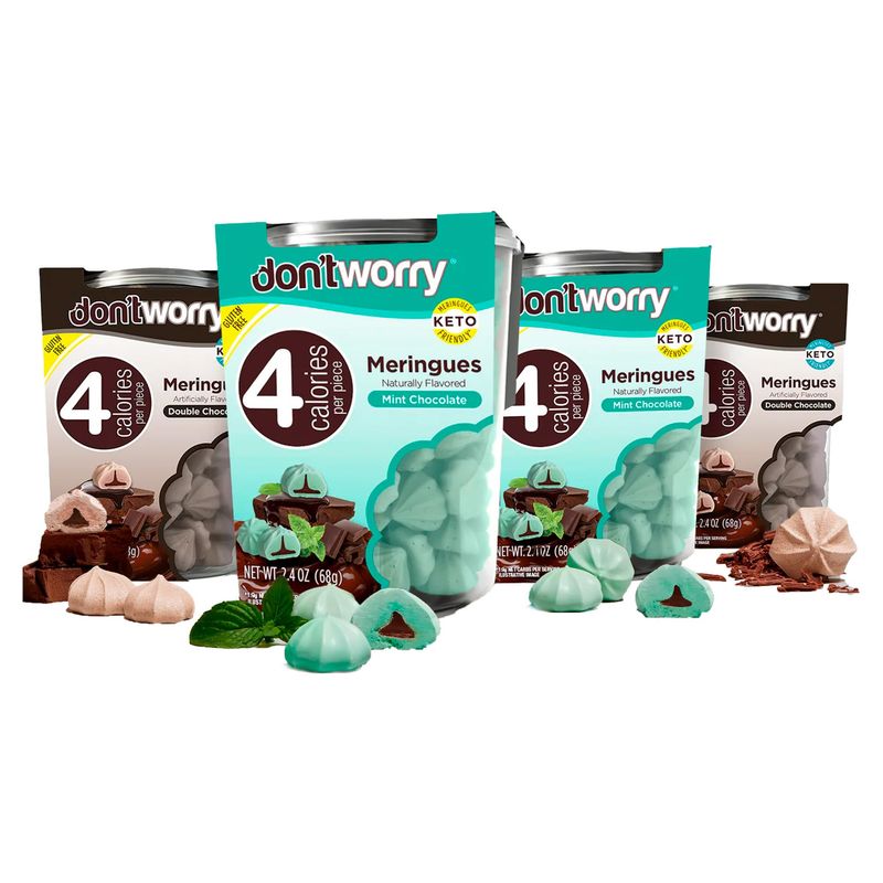 Don't Worry Low Calorie Meringue Cookies - 4 Pack - Mint and Chocolate Sugar Free Chocolate Filled Center 4 Calories per Piece, Low Sugar, Gluten Free, Keto Friendly and Healthy Snacks for Adults