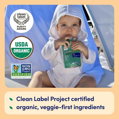 Cerebelly Organic Baby Food Pouches - Organic Veggie and Bone Broth Baby Food 16 Nutrients, No Added Sugar, Non-GMO Blended Toddler Food 4 Ounce BPA-Free Baby Foodes 6 Flavors 8 Pack
