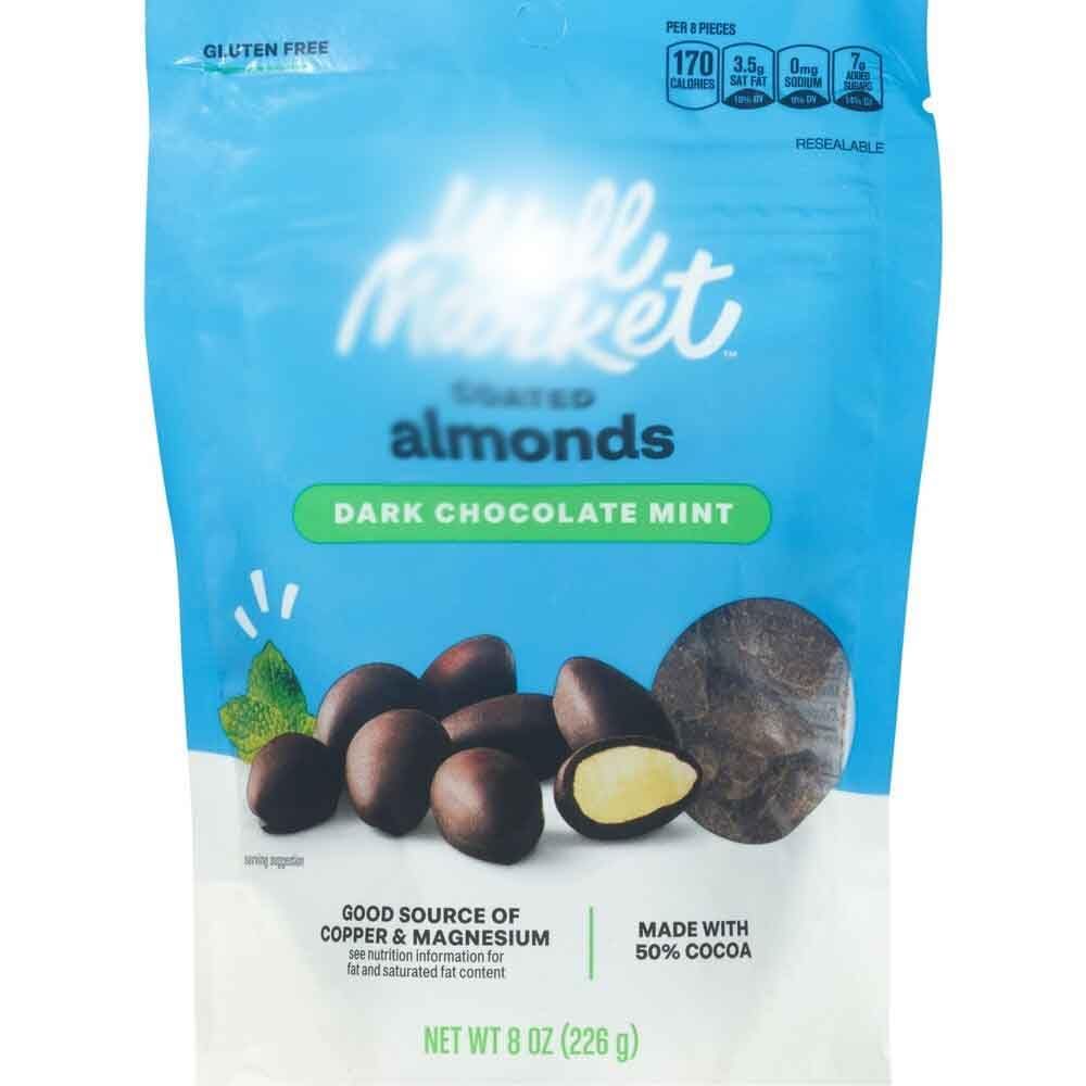 Dark Chocolate Mint Almonds, Roasted Whole Nut Mix Bag, Gluten Free Snack Snacking Food Dessert Treat, 8oz Well Market Bag