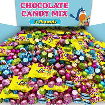 Bulk Chocolate Candy Assortment Mix, 3 Lbs Assorted Variety of Individually Wrapped Milk Chocolate, Pastel Colored Candy Bulk, Chocolate Eggs, Peanut Butter Cups, For Parties and Spring Decor