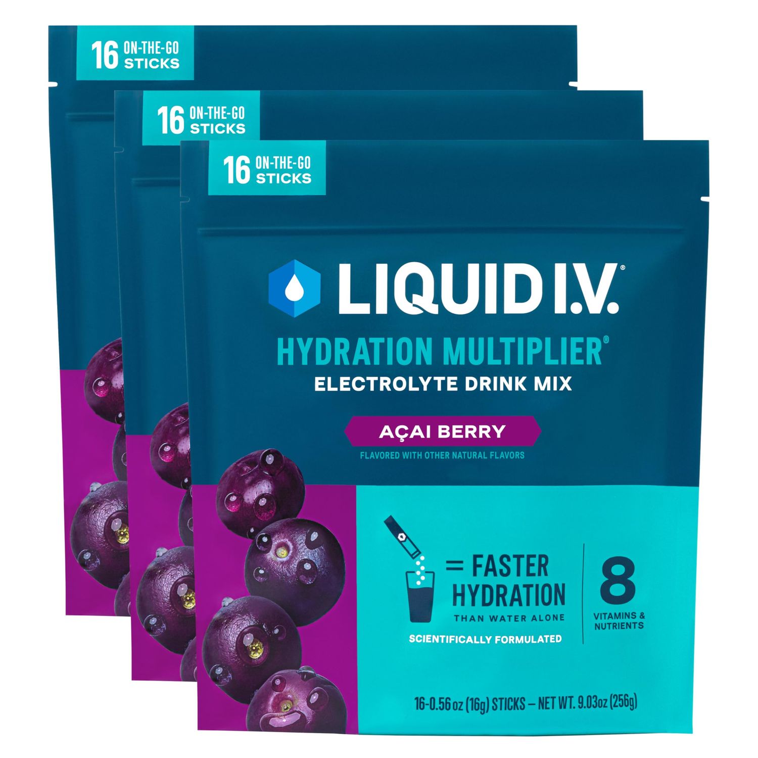 Liquid I.V. Hydration Multiplier - Acai Berry Electrolyte Powder Drink Mix 3 Pack (48 Servings)