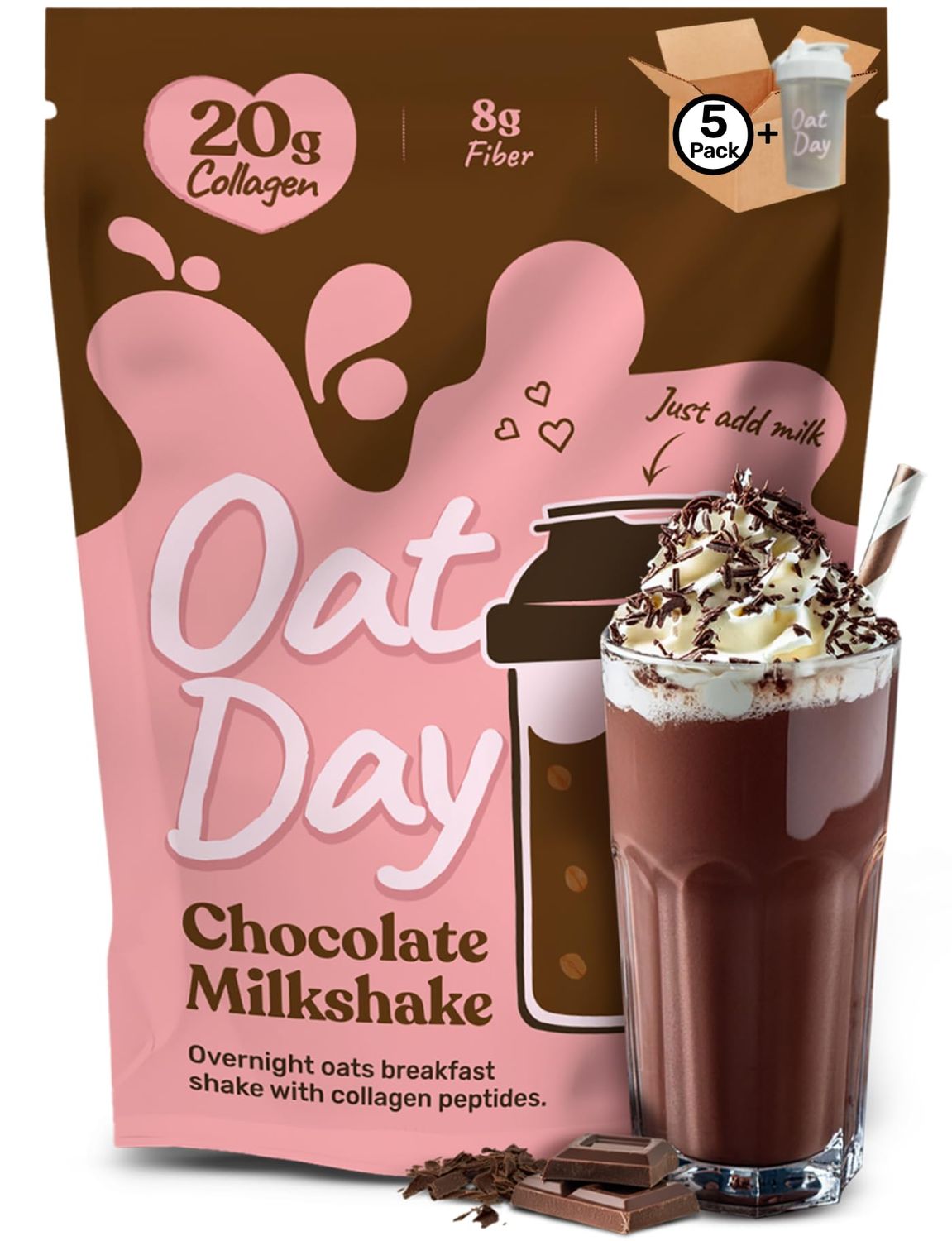 Chocolate Milkshake Overnight Oats with 20g Collagen Peptides - High Protein Oatmeal Breakfast Shake or Healthy Dessert - 5 Pack Shaker Bottle