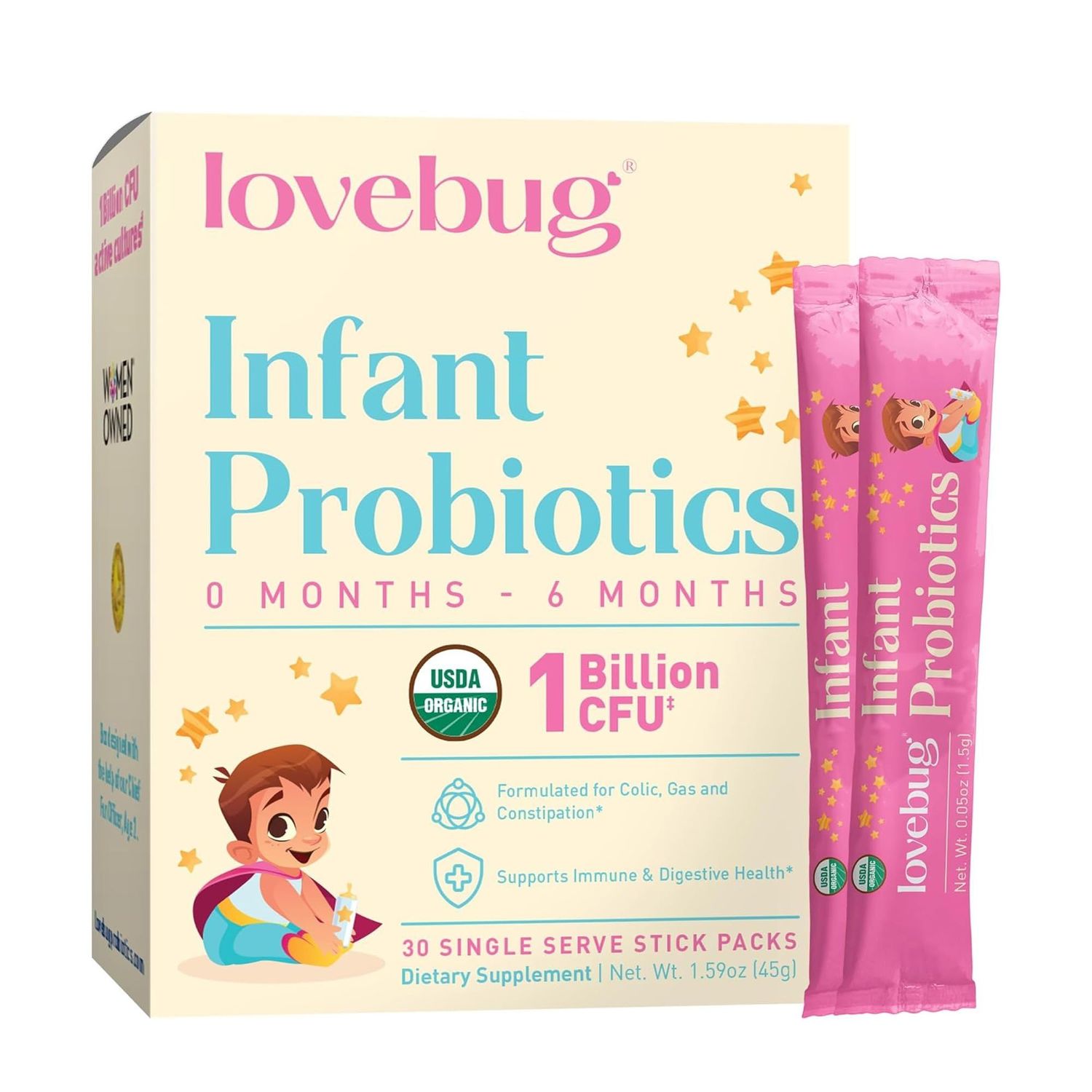 Lovebug Infant Probiotics 0-6 Months - USDA Organic Probiotics for Babies, Supports Baby Gas, Colic, Reflux, Diarrhea and Newborn Constipation Relief, Allergen Sugar Free, Tasteless Powder, 30 Pack