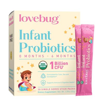 Lovebug Infant Probiotics 0-6 Months - USDA Organic Probiotics for Babies, Supports Baby Gas, Colic, Reflux, Diarrhea and Newborn Constipation Relief, Allergen Sugar Free, Tasteless Powder, 30 Pack